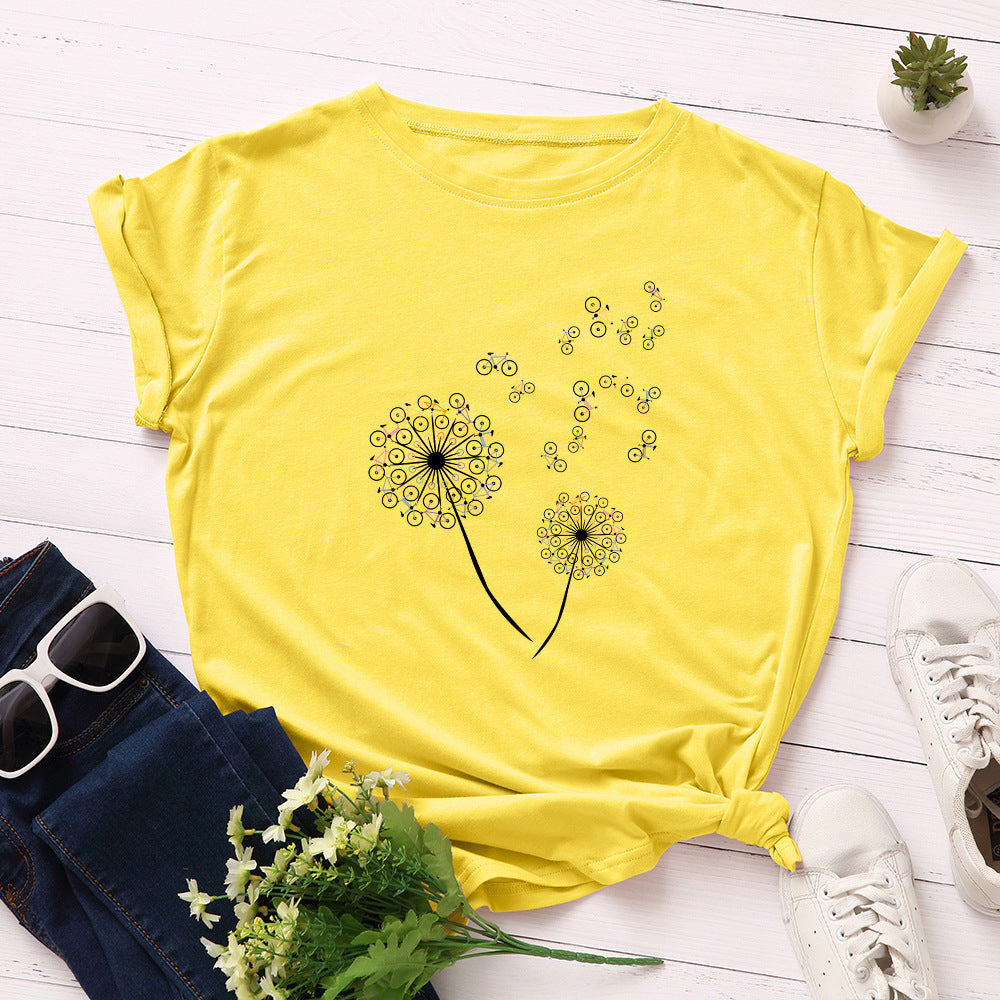 Women's Loose Dandelion Bike Round Neck Short Sleeve T-shirt