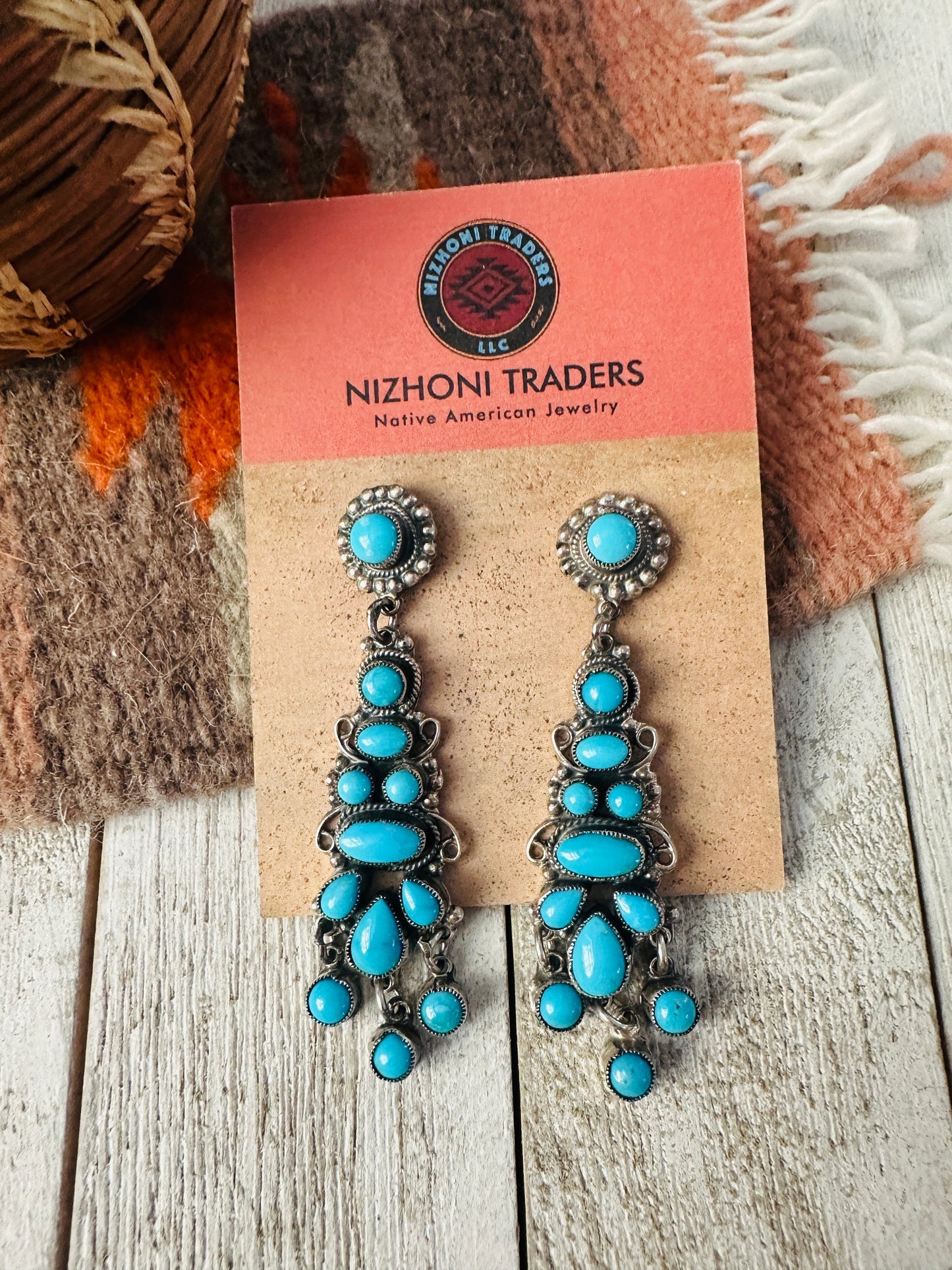Navajo Sterling Silver & Sleeping Beauty Turquoise Cluster Dangle Earrings