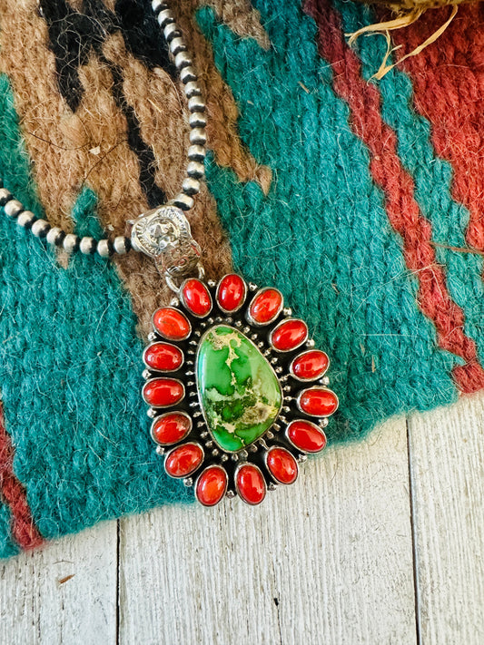 ** Christmas Collection ** Handmade Sterling Silver, Coral & Turquoise Cluster Pendant Signed Nizhoni