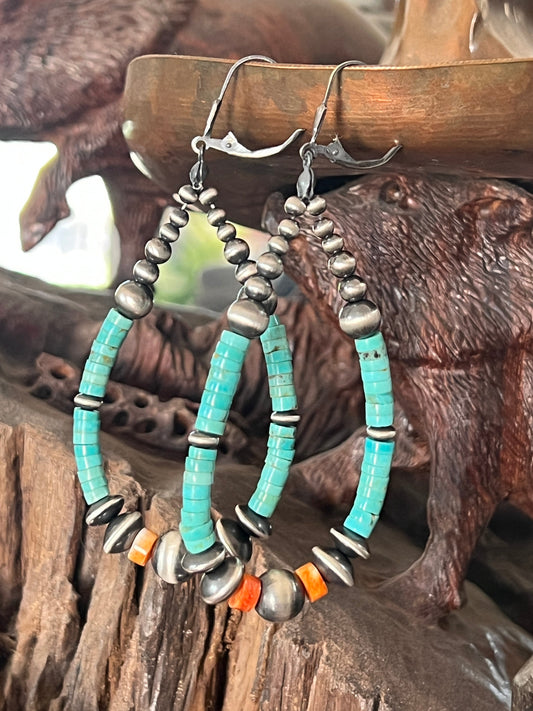 Handcrafted Made Sterling Silver, Kingman Turquoise and Orange Spiny Oyster Beaded Teardrop Hoop Earrings, Leverback