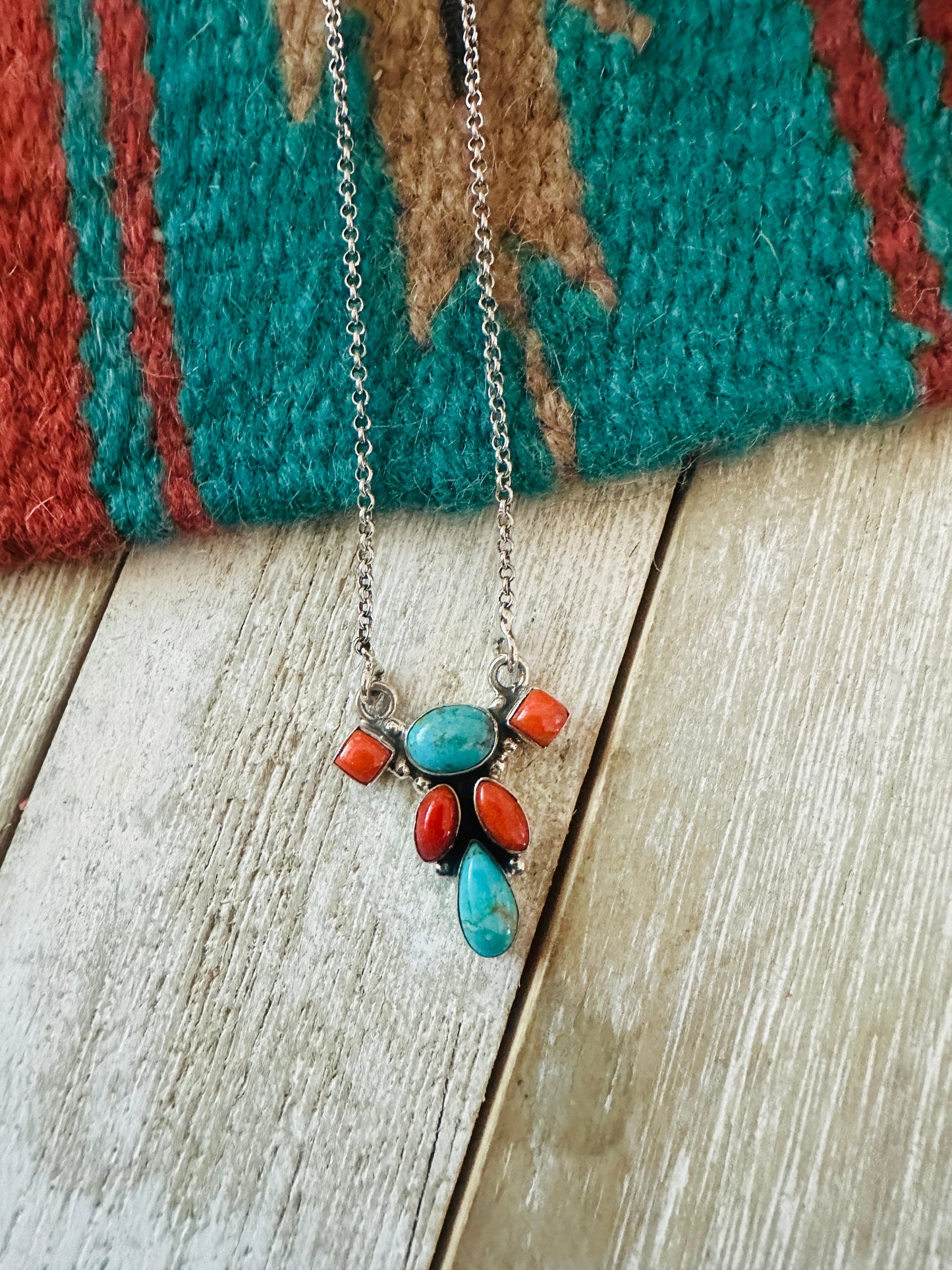** Christmas Collection ** Handmade Sterling Silver, Turquoise & Coral Necklace Signed Nizhoni