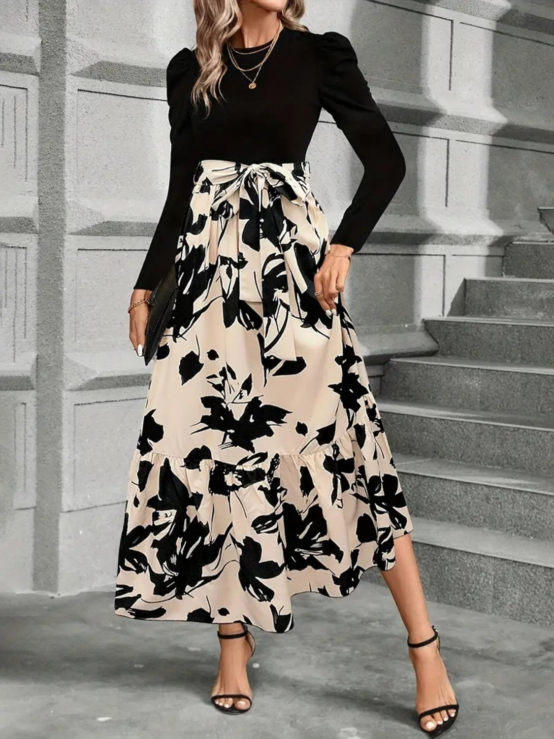 Trendy Tied Printed Round Neck Long Sleeve Midi Dress Elegant & Trendy Printed Dress for Women