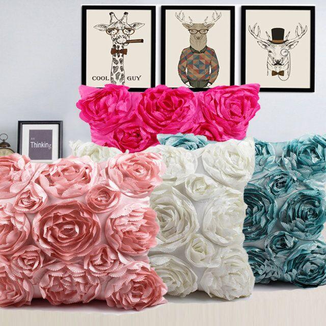 3D Roses Style Embroidered Polyester Cushion Cover Pillowcase Wedding Home Decorative Roses Floral Print Cushion Covers Throw Pillow Covers For Decorating Sofa Car Bedroom 42x42cm
