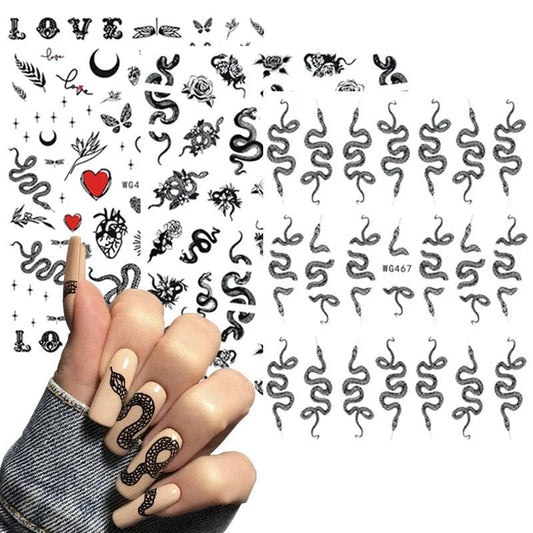 3D Snake Design Nail Art Stickers Colorful Dragons Slider Decals Black Snake for Manicure Nail Art Decoration New Year Sticker Nail Manicures 3D Self-Adhesive Nail Art Tips Sliders for Women Girls Nail Decorations Manicure Decor Accessories