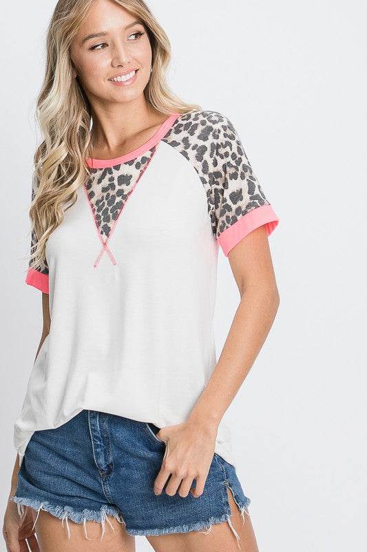 HeimishFull Size Leopard Round Neck Short Sleeve T-Shirt with Stitch Plus Size