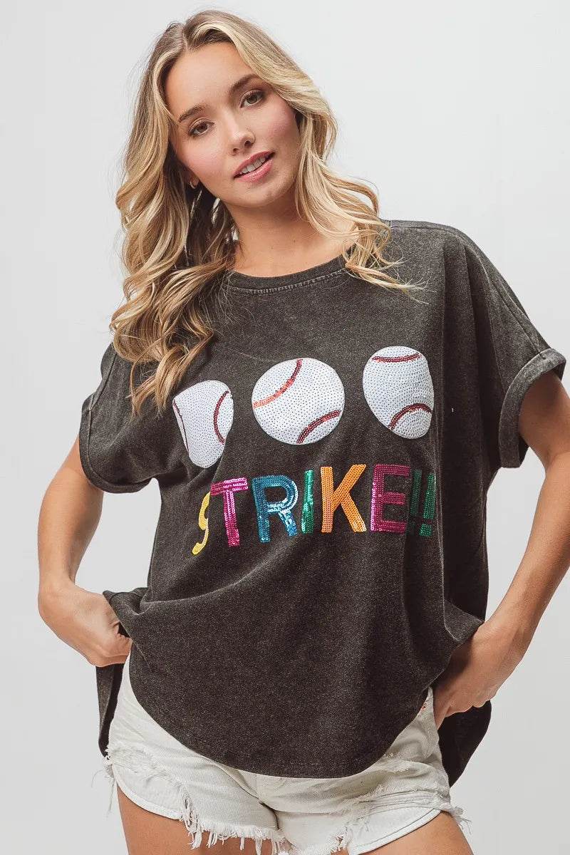 BiBi Sequin Baseballs Strike Washed Short Sleeve Top