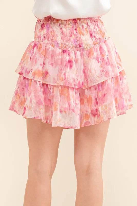 And The Why Printed Lurex Smocked Waist Tiered Skort