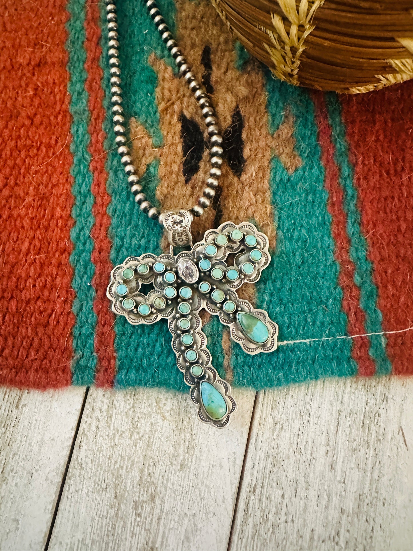 ** Christmas Collection ** Handmade Sterling Silver, Turquoise & CZ Bow Pendant Signed Nizhoni