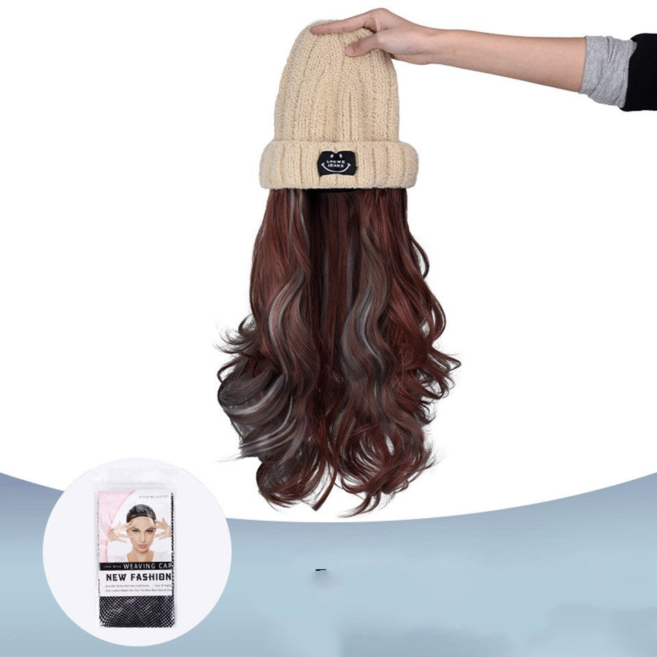 Autumn And Winter Fashion Beige Knit  Pick Dye Gradient Long Curly Hair Hundred Take Wig Hat