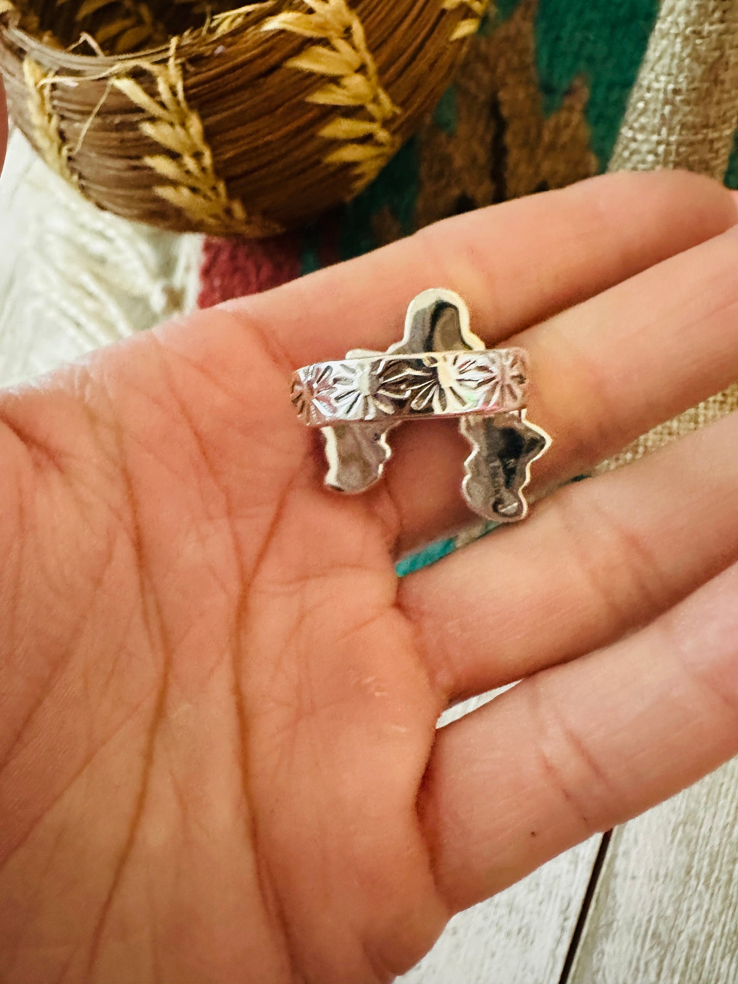 ** Christmas Collection ** Handmade Sterling Silver, Turquoise & Coral Adjustable Ring Signed Nizhoni