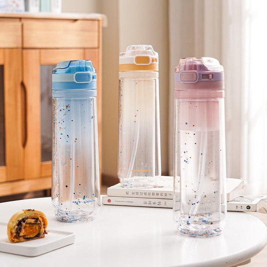 430ML Portable Water Bottle with Sequins Double Layer Insulated BPA Free Plastic Water Cup Leakproof Drinking Bottle Drinking Bottle with Fruit Filter - Bidon BPA Free and Lightweight Bottle for Gym, Outdoor, Bike, Camping, Fitness with Practical Handle