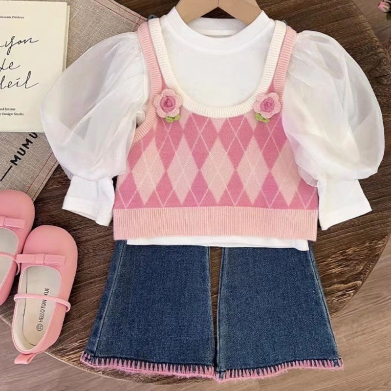 Girls' Doll Shirt Autumn New Knitted Vest Autumn Three-piece Suit