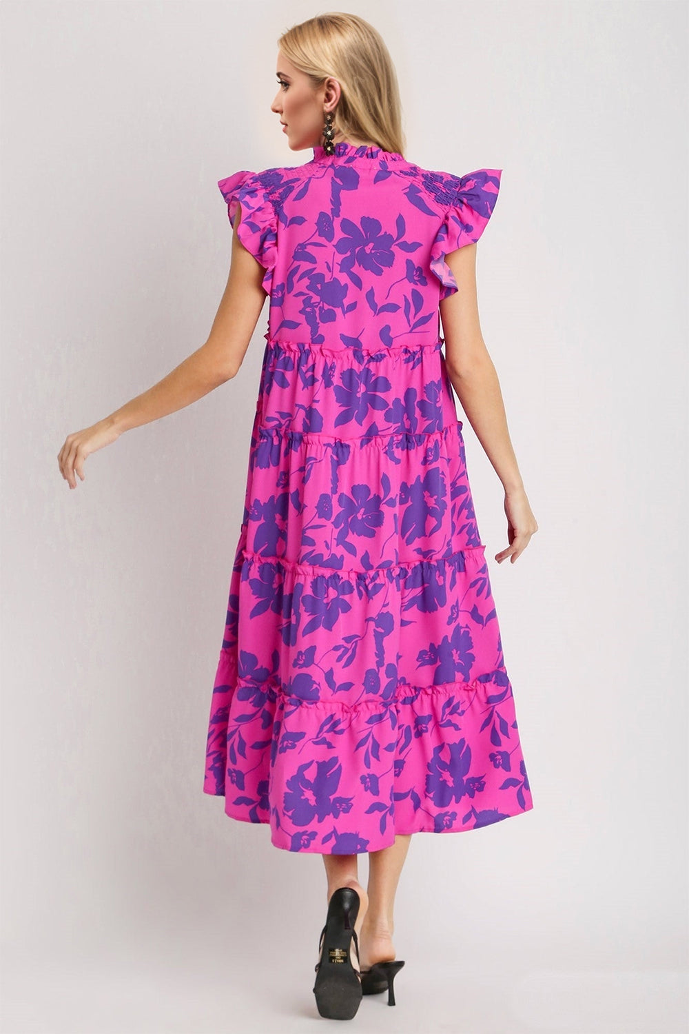 Full Size Ruffled Printed Sleeve Midi Dress Elegant & Beautiful Design Red-Violet Dress