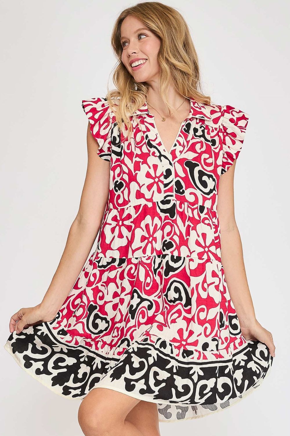 New Summer Floral Ruffled Cap Sleeve Tiered Dress – Feminine and Playful Floral Dress with Ruffled Cap Sleeves