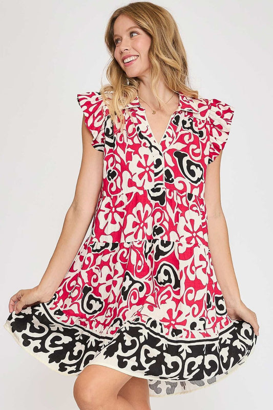 New Summer Floral Ruffled Cap Sleeve Tiered Dress – Feminine and Playful Floral Dress with Ruffled Cap Sleeves