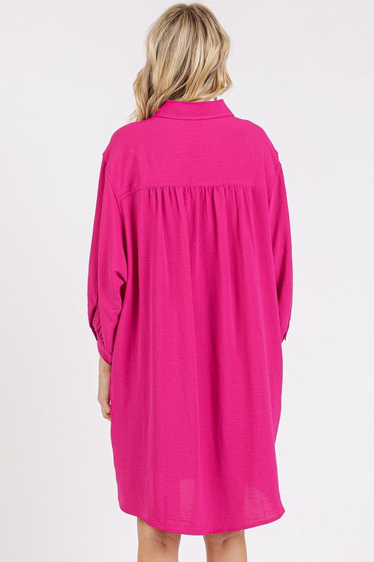 Airflow 3/4 Sleeve Buttoned Shirt Mini Dress For Women – Fluttering, Lightweight and Stylish Button-Down Shirt Dress with 3/4 Sleeves