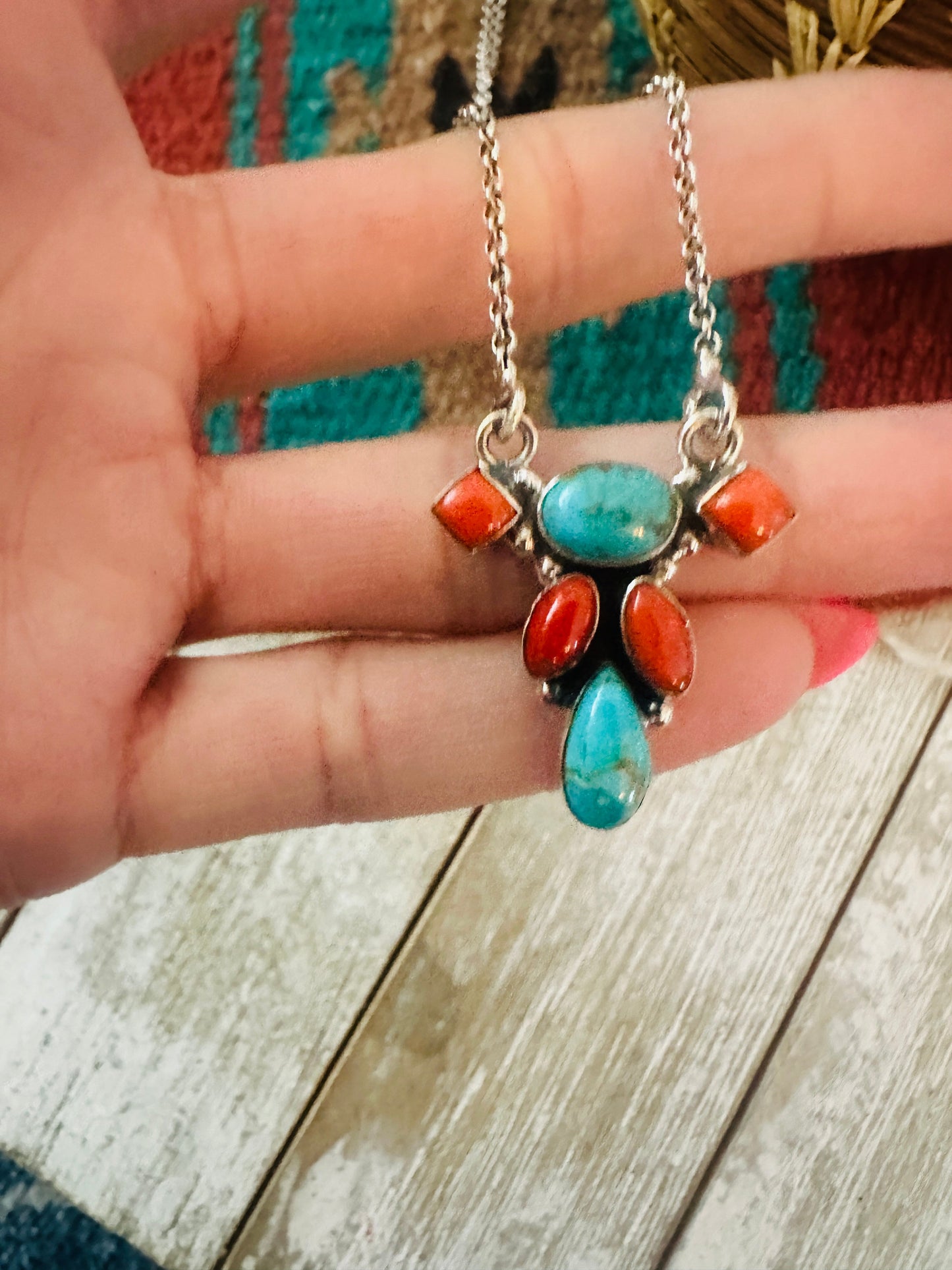** Christmas Collection ** Handmade Sterling Silver, Turquoise & Coral Necklace Signed Nizhoni