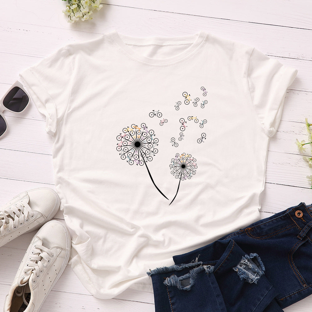 Women's Loose Dandelion Bike Round Neck Short Sleeve T-shirt