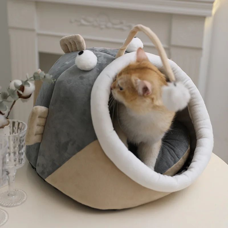 Multifunctional Winter Cat Nest Lantern Fish Cat House Semi-closed Deerskin Velvet Small Dog Kennel Warm And Comfortable