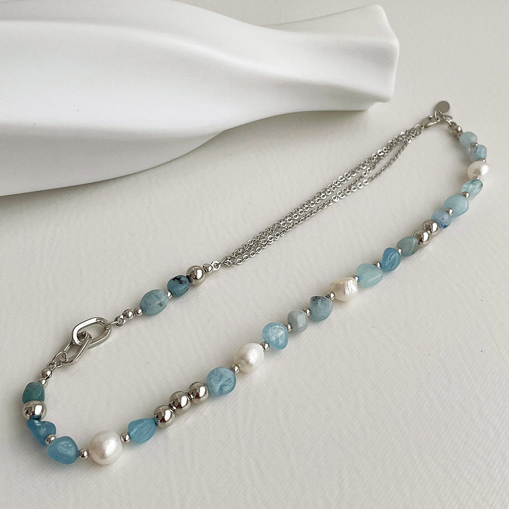 Natural Stone Blue Crystal Necklace Baroque Natural Freshwater Pearls