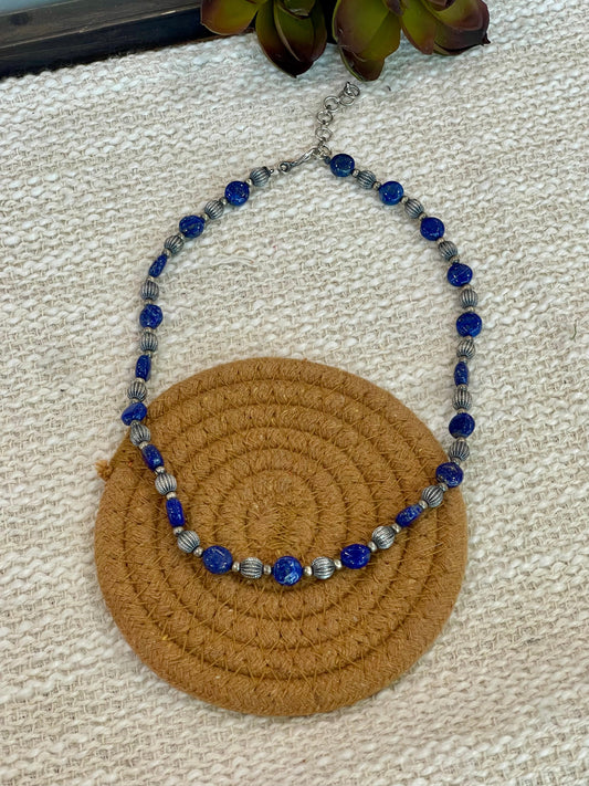 ** 4TH OF JULY ** Handmade Sterling Silver & Lapis Beaded Necklace Signed Nizhoni