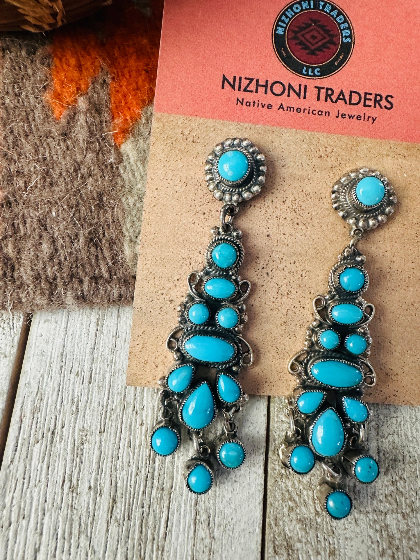 Navajo Sterling Silver & Sleeping Beauty Turquoise Cluster Dangle Earrings