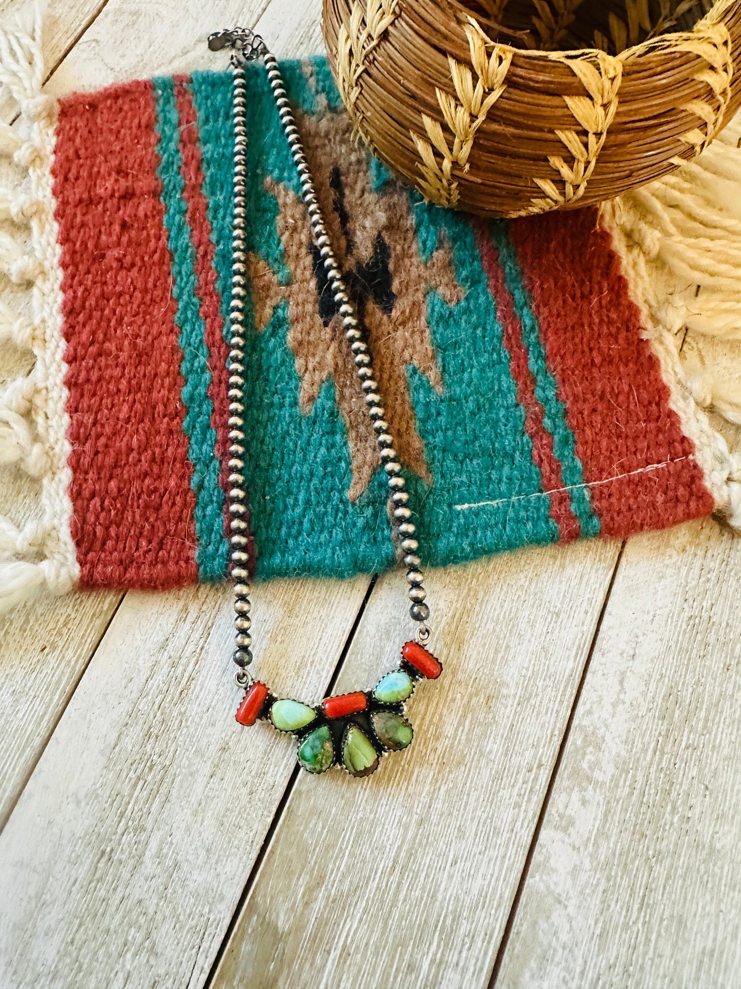 ** Christmas Collection ** Handmade Sterling Silver, Turquoise & Coral Necklace Signed Nizhoni