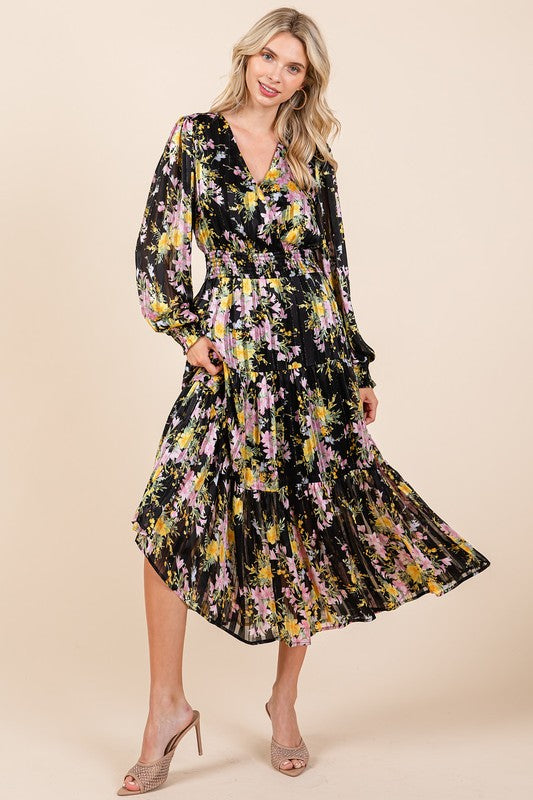 Flower Print Satin Lurex Stripe Smocked Midi Dress For Summer – Elegant and Sparkling Floral Dress with Tiered Design