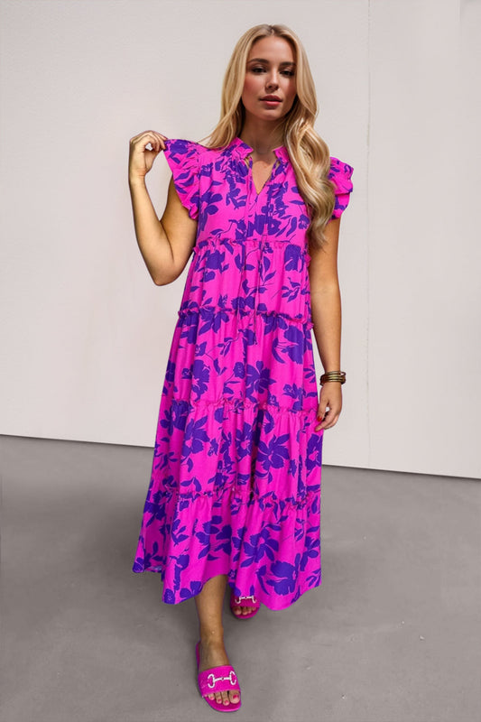 Full Size Ruffled Printed Sleeve Midi Dress Elegant & Beautiful Design Red-Violet Dress