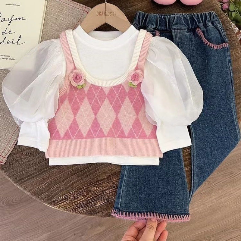 Girls' Doll Shirt Autumn New Knitted Vest Autumn Three-piece Suit