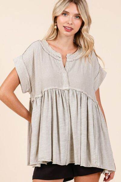 Mittoshop Mixed Media Mineral Wash Babydoll Short Sleeve Blouse