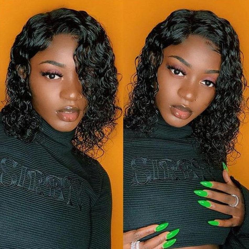 4X4 Water Wave Short Bob Wig 8-12Inches Best Human Hair Wigs For Black Woman Brazilian Pre Plucked Baby Hairs Jerry Curl Wigs Wigs For Black Women Gifts for Girlfriends