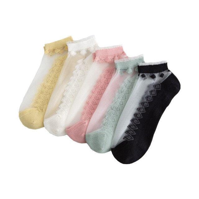 5 Pairs Young Girl Funny Cute Fashion Colorful Candy Dot Red Lips Wave Socks Sweet Women Thin Summer Ankle Crystal Sheer Socks For Women