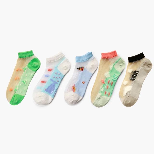 5 Pairs Young Girl Funny Cute Fashion Colorful Candy Dot Red Lips Wave Socks Sweet Women Thin Summer Ankle Crystal Sheer Socks For Women