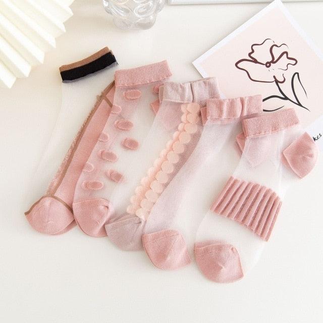 5 Pairs Young Girl Funny Cute Fashion Colorful Candy Dot Red Lips Wave Socks Sweet Women Thin Summer Ankle Crystal Sheer Socks For Women