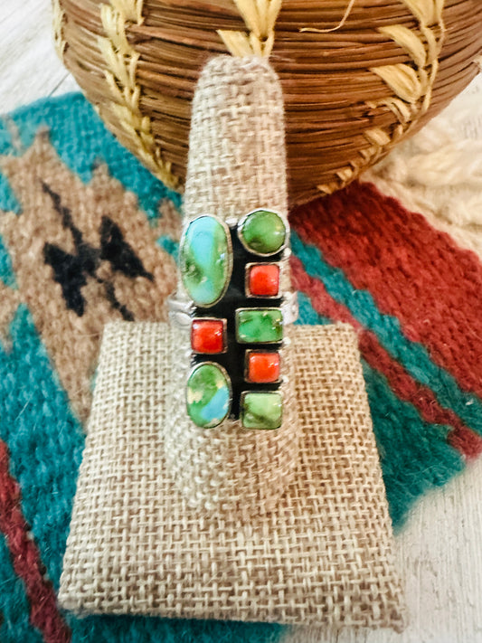 ** Christmas Collection ** Handmade Sterling Silver, Turquoise & Coral Adjustable Ring Signed Nizhoni
