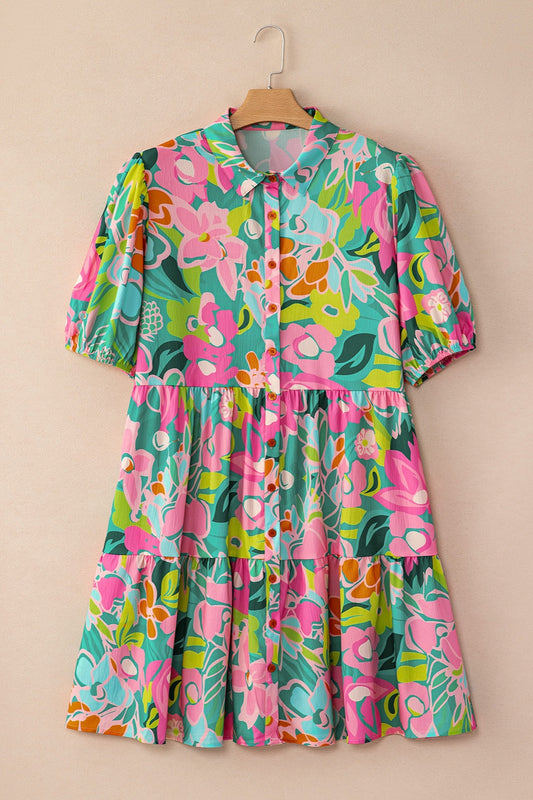 Floral Printed Collared Neck Puff Sleeve Mini Dress Vintage-Inspired Unique Colorful Dress