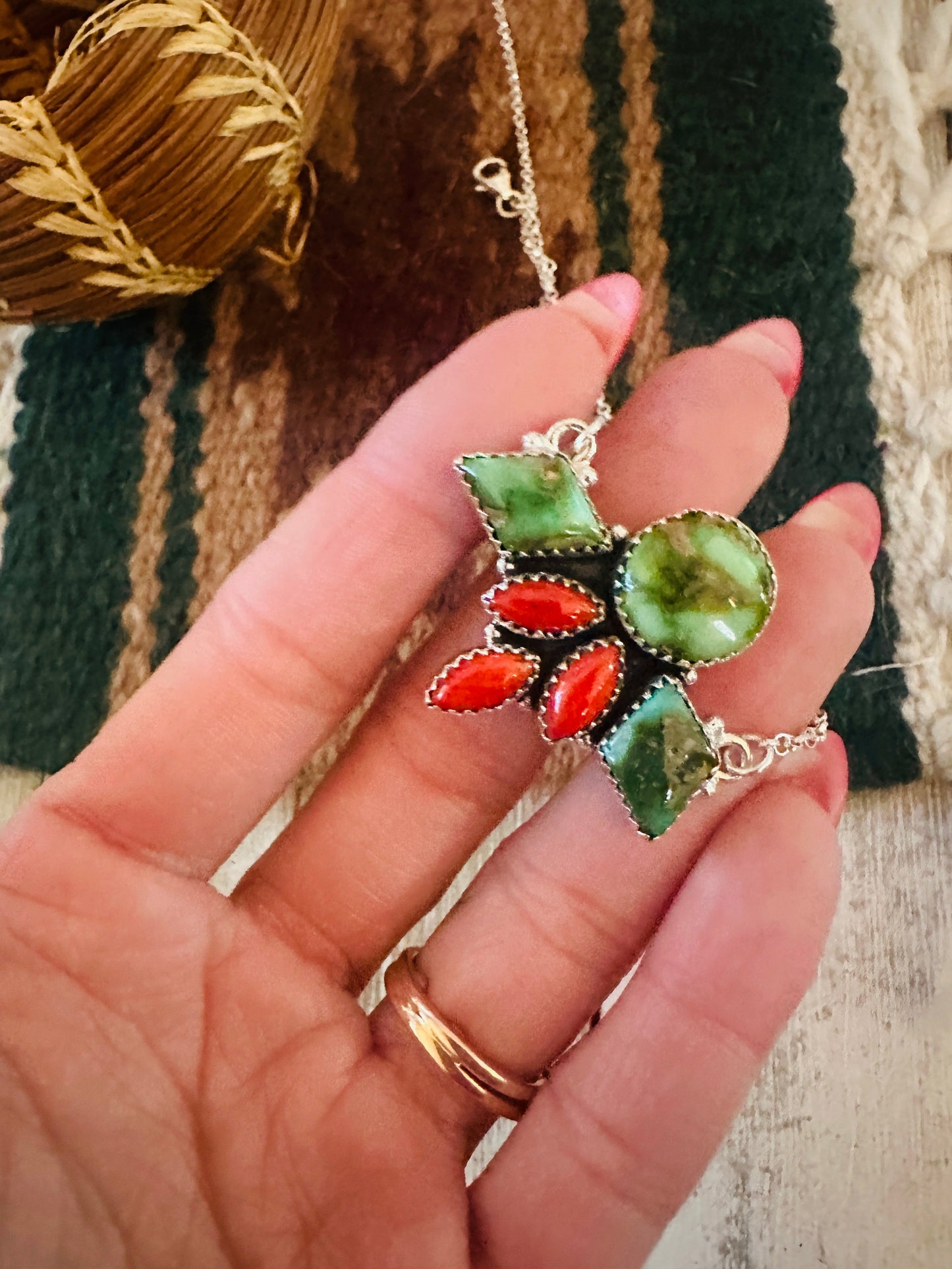 ** Christmas Collection ** Handmade Sterling Silver, Turquoise & Coral Necklace Signed Nizhoni