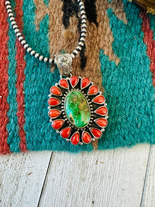 ** Christmas Collection ** Handmade Sterling Silver, Coral & Turquoise Cluster Pendant Signed Nizhoni