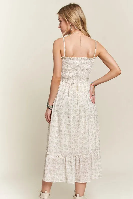 Smocked Floral Ruffled Hem Cami Dress For Women – Boho-Inspired Smocked Floral Cami Fluttering Dress with Playful Ruffled Hem