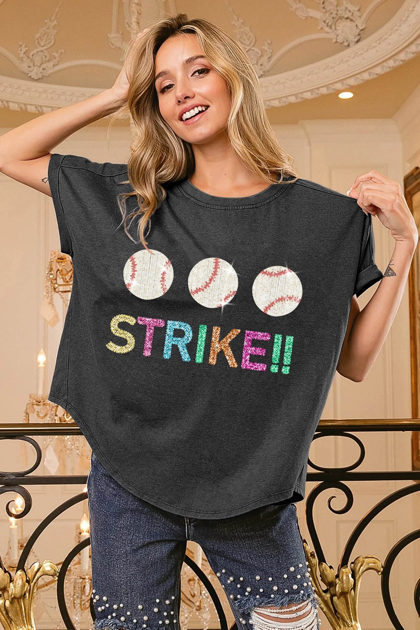 BiBi Sequin Baseballs Strike Washed Short Sleeve Top