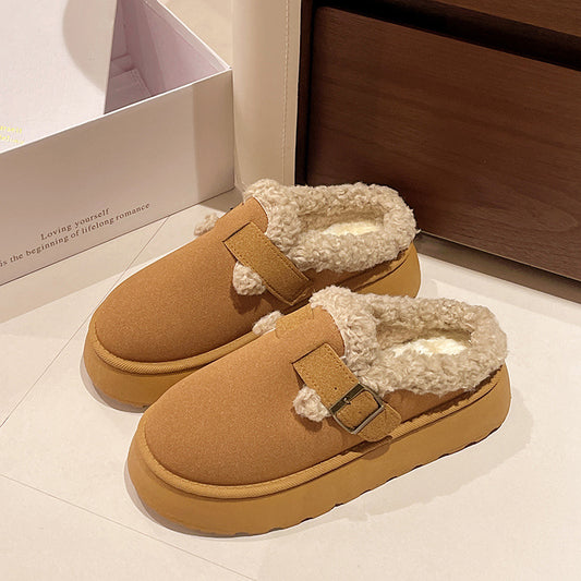 Muffin Platform Fluffy Shoes Women's Fleece-lined Half Slippers Cotton Shoes