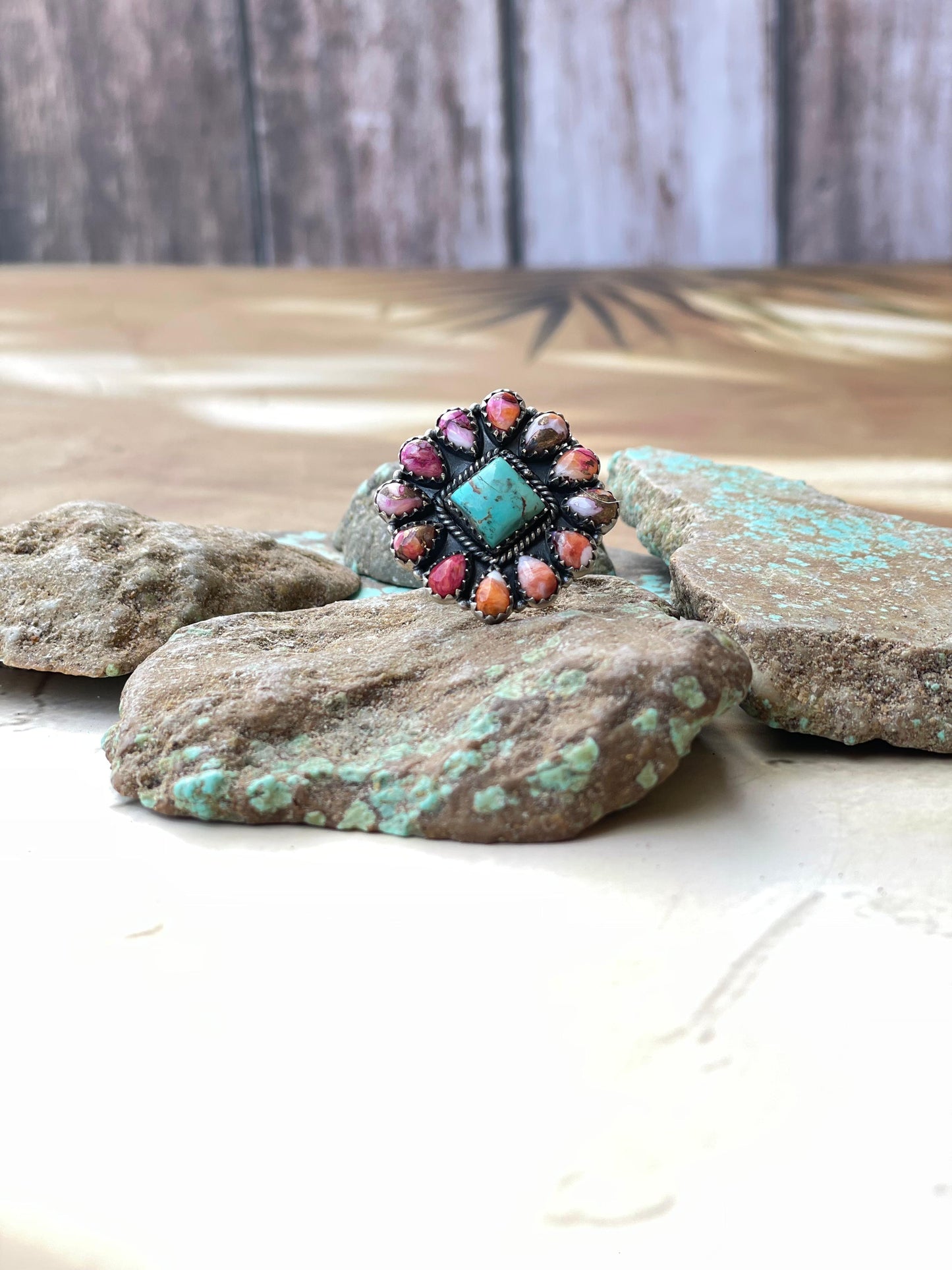 Handmade Sterling Silver, Pink Dream & Turquoise Cluster Adjustable Ring