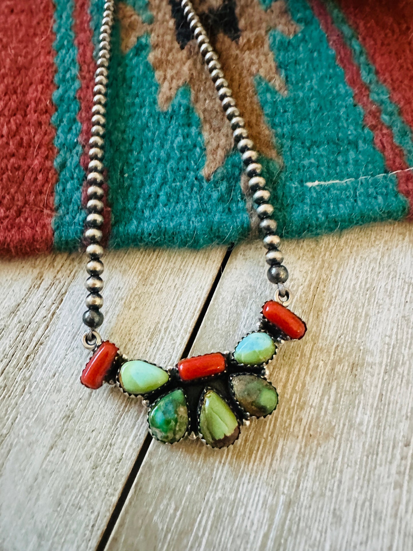 ** Christmas Collection ** Handmade Sterling Silver, Turquoise & Coral Necklace Signed Nizhoni