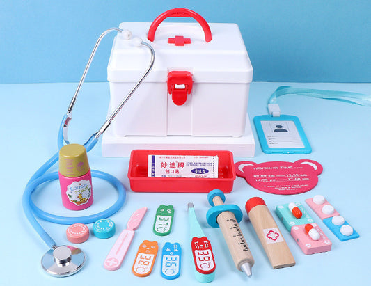 Wooden Children's Simulation Play House Doctor Toy Suit Girl Injection Teeth Medicine Kit Tool Box Stall