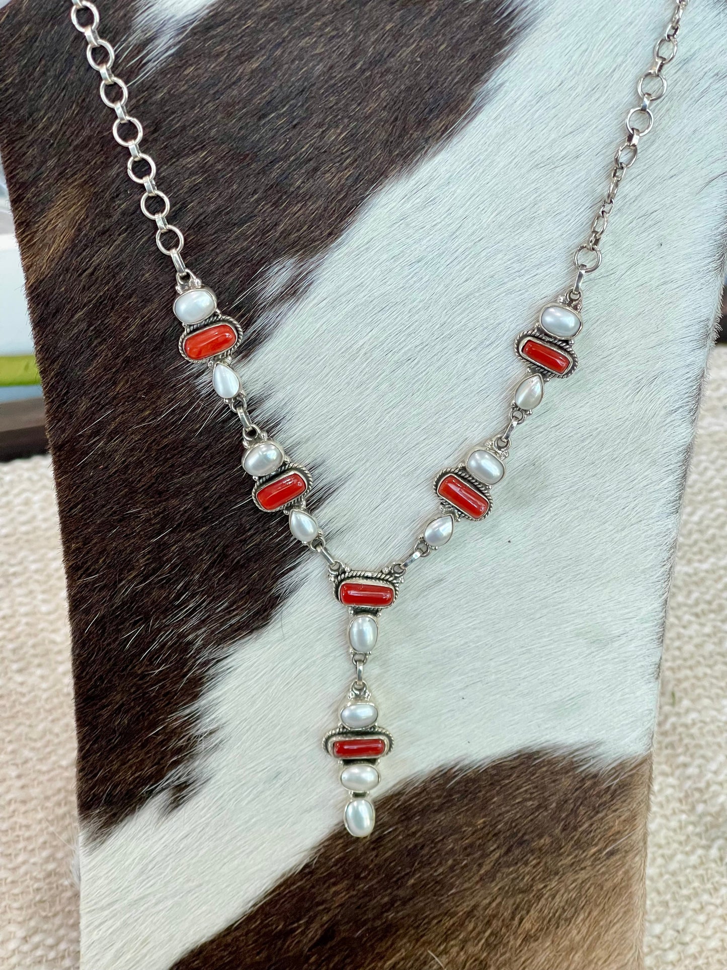 ** 4TH OF JULY ** Handmade Sterling , Silver Synthetic Opal & Coral Necklace with Signed Nizhoni