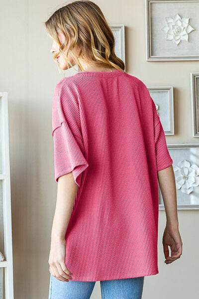 Heimish Ribbed Half Button Top - Full Size Drop Shoulder Style