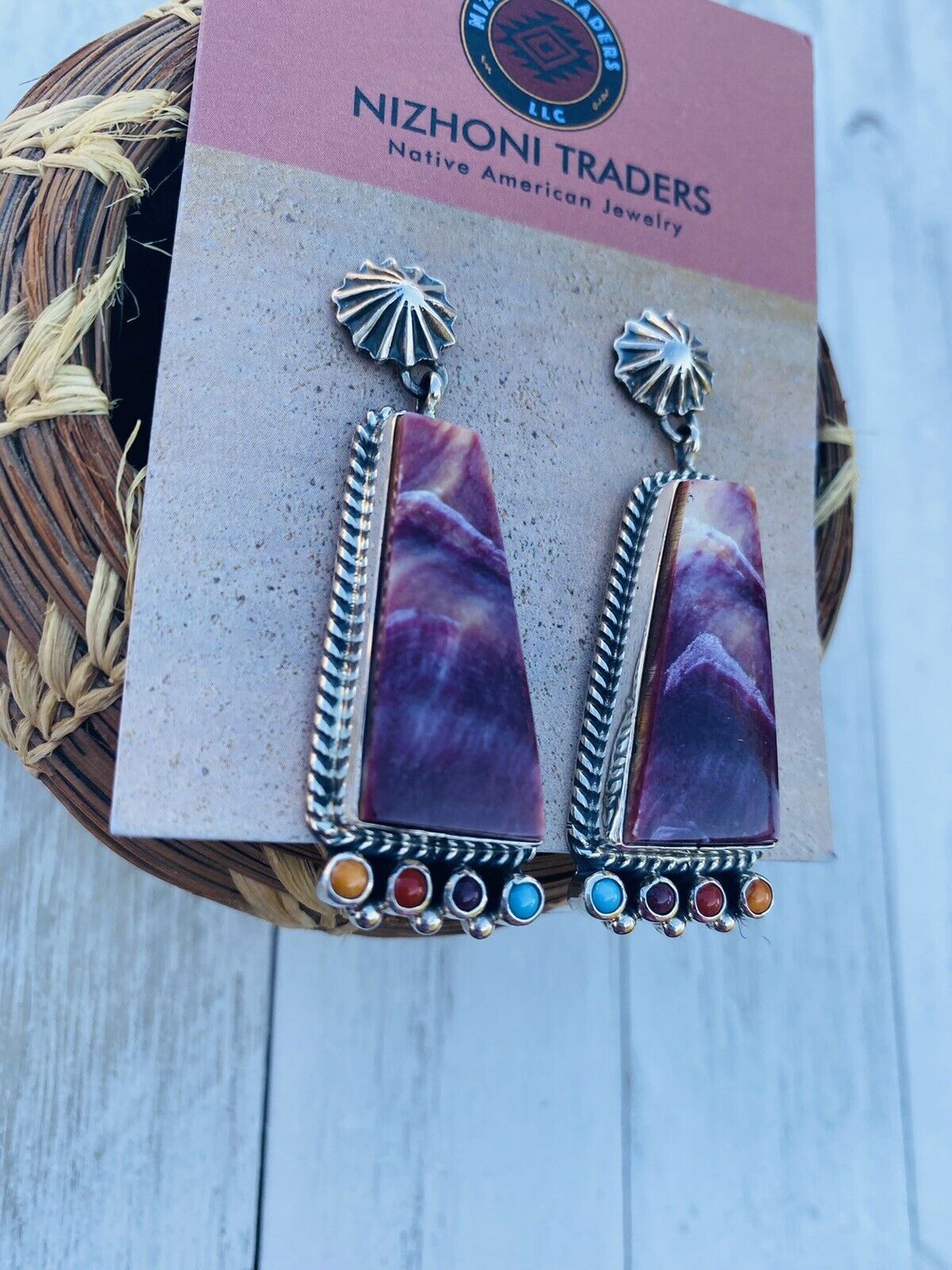 Handcrafted Sterling Silver, Purple Spiny & Turquoise Dangle Earrings Signed