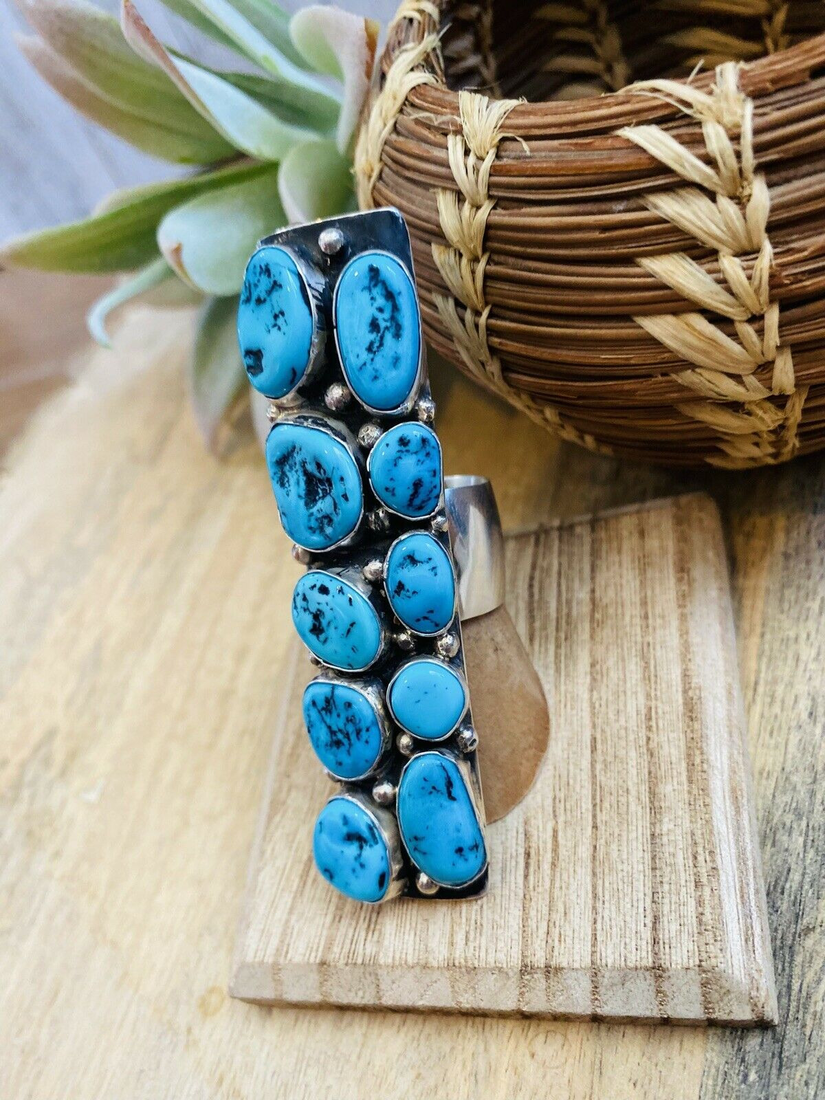 Handcrafted Sleeping Beauty Turquoise & Sterling Silver Ring Signed Size 8.5