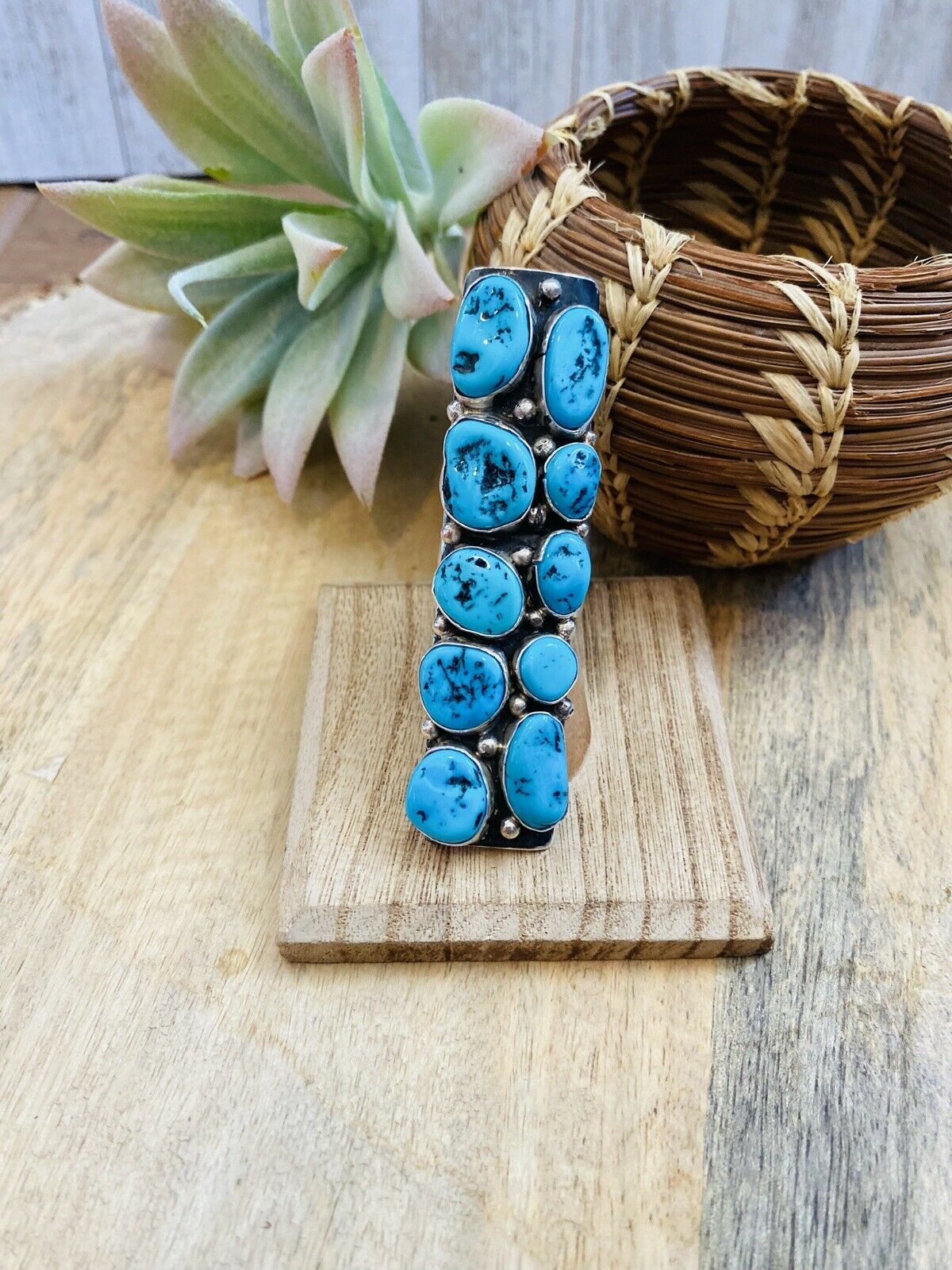 Handcrafted Sleeping Beauty Turquoise & Sterling Silver Ring Signed Size 8.5